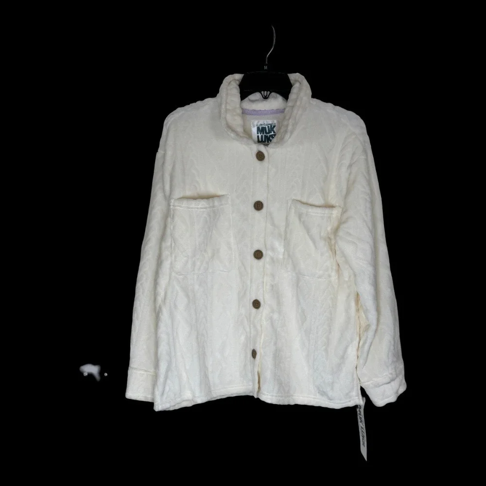 Muk Luks Shacket‎ Women Medium Cream Cable Knit Texture Fleece Button Front Cozy